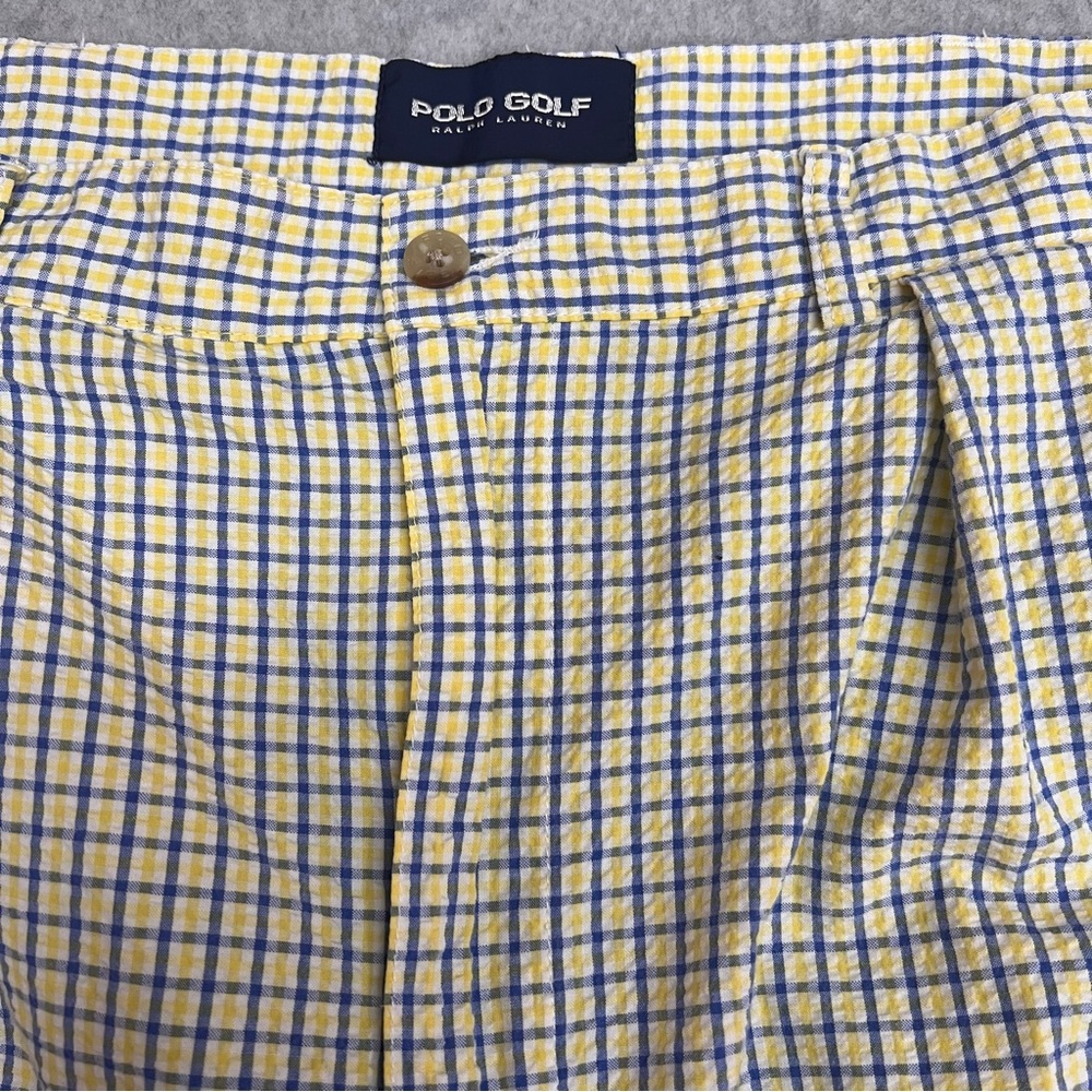 Polo Golf Butter Yellow Check Seersucker Mens Shorts Sz 36 Pleats Preppy Vintage